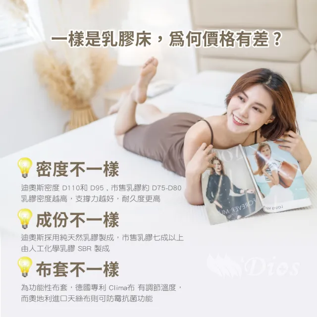 【迪奧斯】單人加大7.5cm天絲表布防蹣抗菌全乳膠床墊3.5x6.2尺-頂級款D95