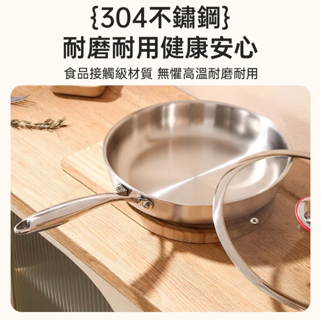 【HUIJIAYIGOU 惠家易購】304不鏽鋼平底鍋 無塗層炒菜鍋 不沾平底鍋 煎鍋 炒鍋(直徑22cm 通用爐灶 帶蓋款)