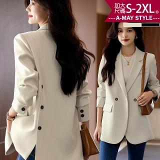 【Amay Style 艾美時尚】中大尺碼女裝 西服 率性設計感後開岔排釦顯瘦西裝外套。S-2XL(2色.預購)
