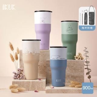 【IKUK 艾可】真陶瓷保溫杯-全陶瓷吸管杯冰壩杯900ml贈5件組(吸管杯/保溫瓶/大容量/環保杯)