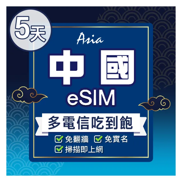 【環亞電訊】eSIM中國5天多電信吃到飽(24H自動發貨 中國網卡 大陸 中國移動 免翻牆 免換卡 eSIM)