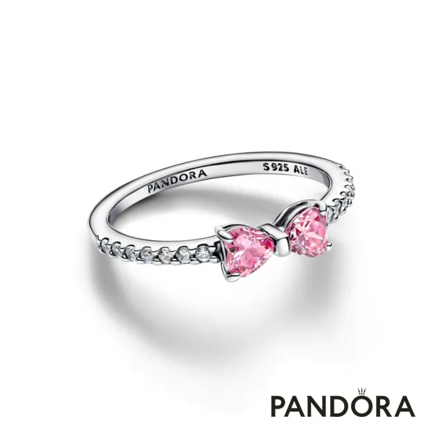 【Pandora 潘多拉】璀璨粉色蝴蝶結戒指