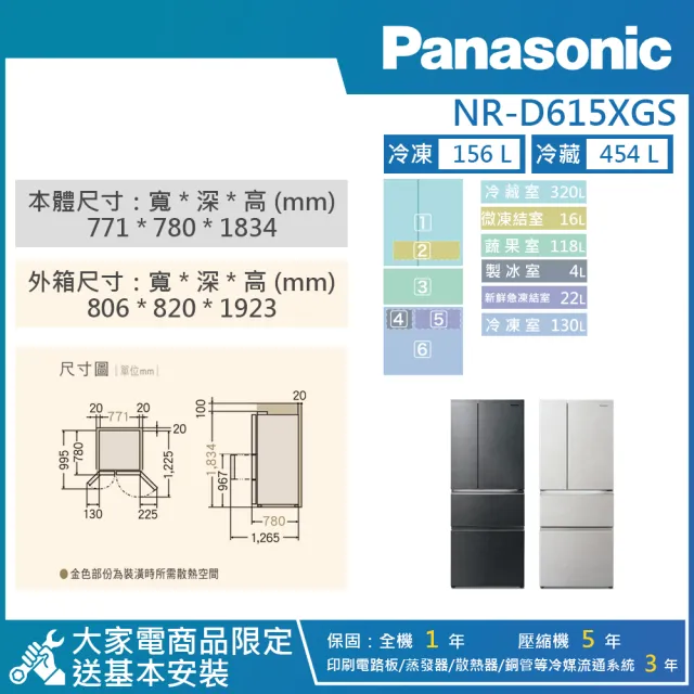 【Panasonic 國際牌】610公升 一級能效智慧節能變頻對開四門無邊框岩板玻璃冰箱(NR-D615XGS)