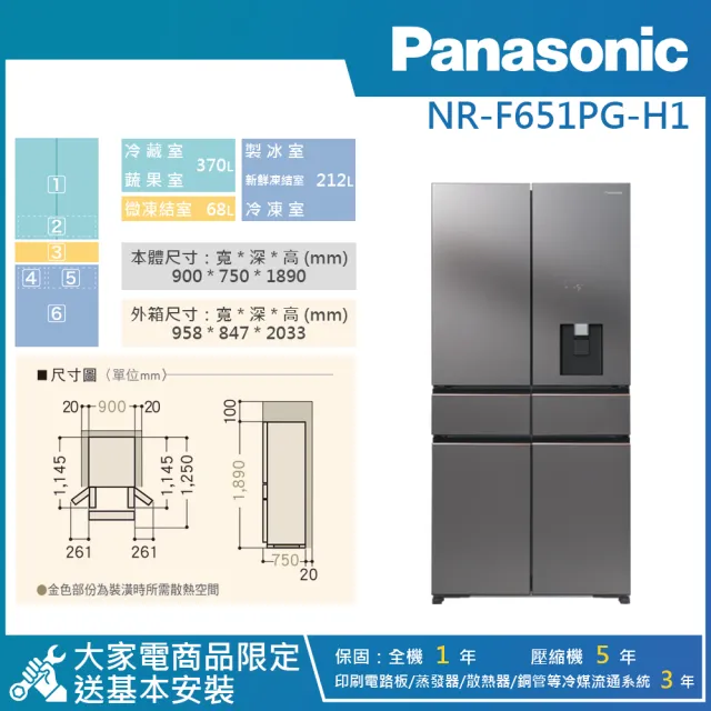 【Panasonic 國際牌】650公升 一級能效變頻無邊框霧面玻璃六門電冰箱 (NR-F651PG)