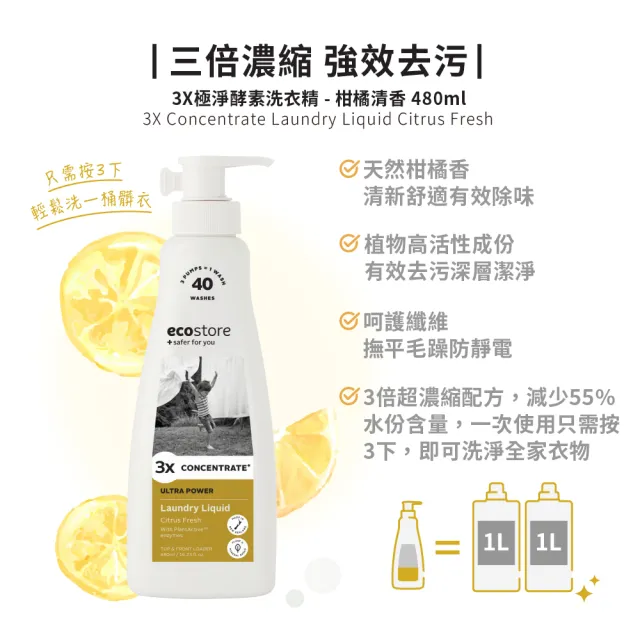 【ecostore 宜可誠】3X極淨天然酵素洗衣精480mlx2入(無香精/無色素/無螢光劑/消臭/抗敏認證/濕疹協會認證)