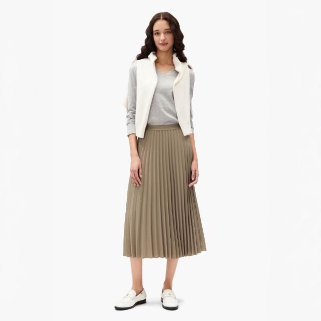 【TOMMY HILFIGER】官方旗艦館斜紋中長百褶裙裝_裸色