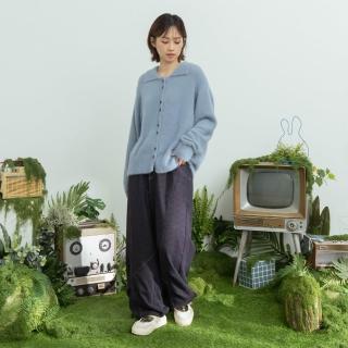 【MOSS CLUB】仿牛仔針織打褶份量感針織長褲 藍 黑