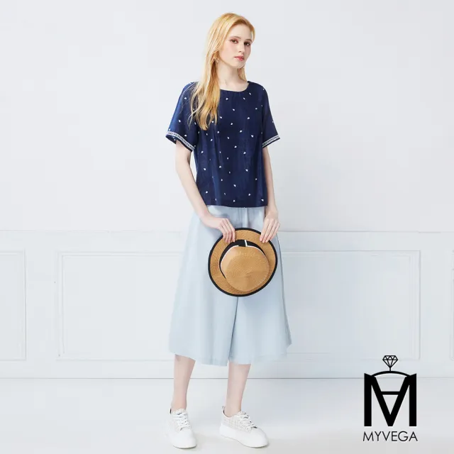 【MYVEGA 麥雪爾】MA天絲立體剪裁愛心印花上衣-深藍(女上衣/短袖上衣/純棉T)