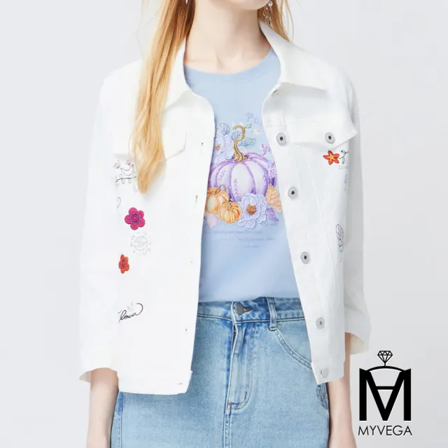 【MYVEGA 麥雪爾】MA棉質花卉刺繡顯瘦白七分袖丹寧外套-白