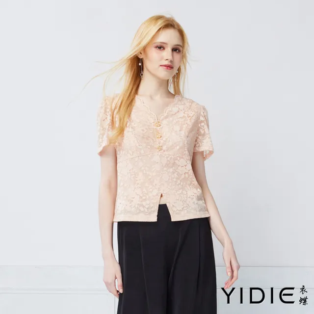【YIDIE】浪漫金絲蕾絲造型金釦上衣-桔粉