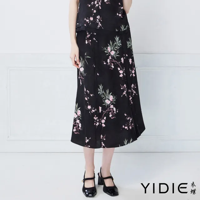 【YIDIE】東方雅致櫻花竹葉印花V領盤扣拼接套裝-黑(上下身分開販售)
