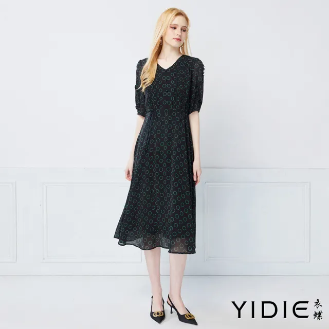 【YIDIE】壓褶抽繩印花雪紡長洋裝-黑