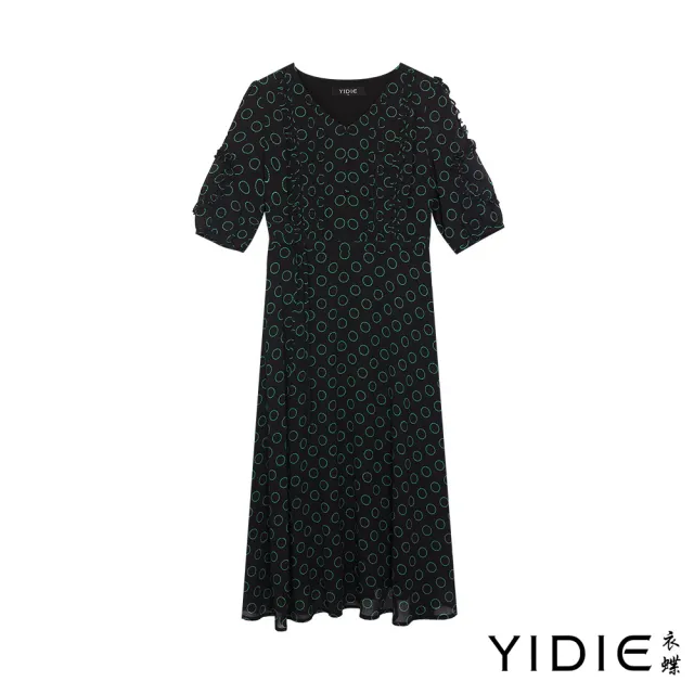 【YIDIE】壓褶抽繩印花雪紡長洋裝-黑