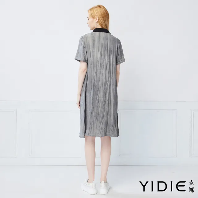 【YIDIE】都會簡約亞麻天絲混紡壓紋襯衫式連身洋裝-灰