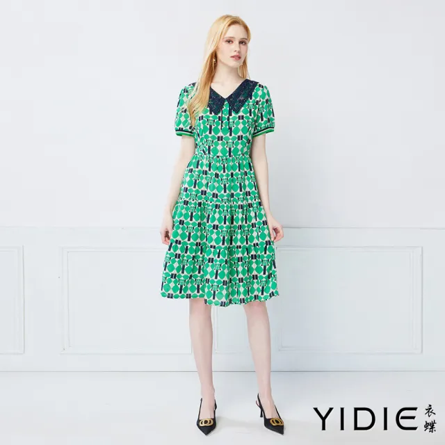 【YIDIE】復古摩登幾何拼接蕾絲大翻領洋裝-綠