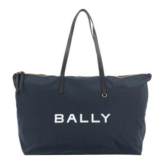 【BALLY】白字Logo 尼龍帆布可折疊大款托特包_附收納袋(午夜藍)