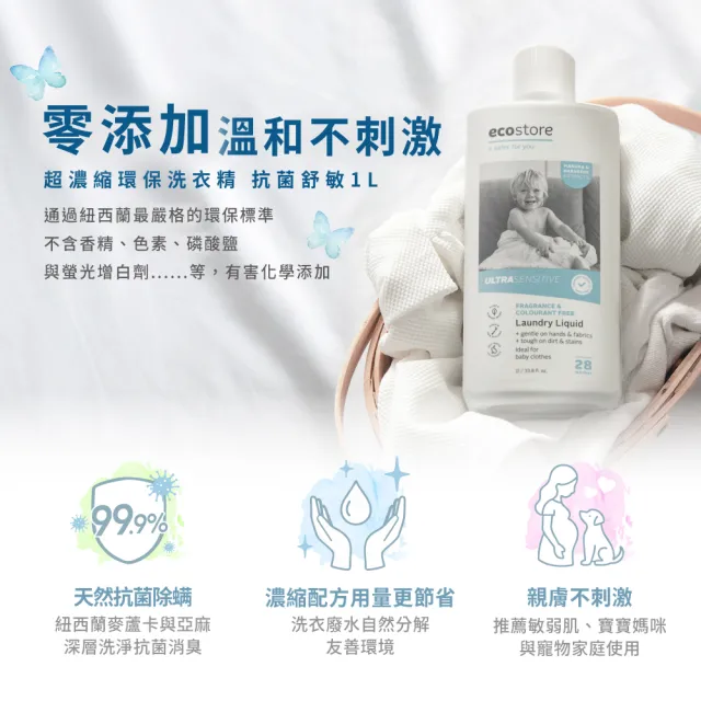【ecostore 宜可誠】天然無香精抗菌舒敏超濃縮洗衣精-1Lx6(寶寶洗衣精/無色素/無螢光劑/抗敏/濕疹協會認證)