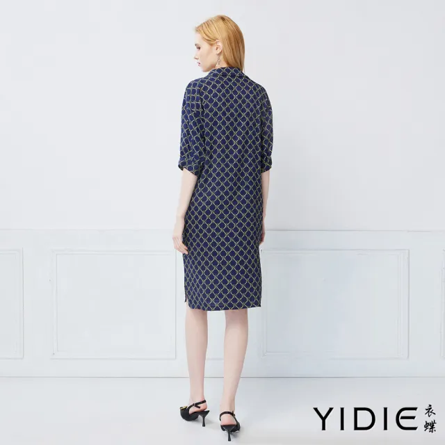 【YIDIE】都會知性幾何連鎖印花襯衫式連身長洋裝-深藍