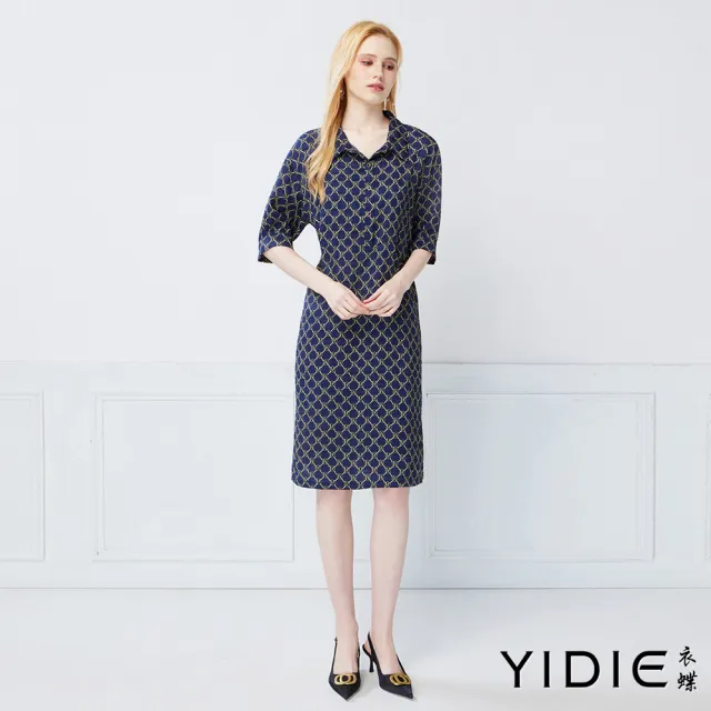 【YIDIE】都會知性幾何連鎖印花襯衫式連身長洋裝-深藍