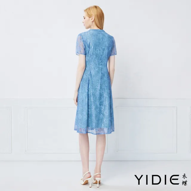 【YIDIE】雅致花綻蕾絲長洋裝-水藍