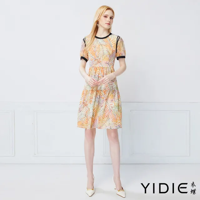 【YIDIE】熱帶氣息棕櫚葉印花圓領拼接連身洋裝-柑