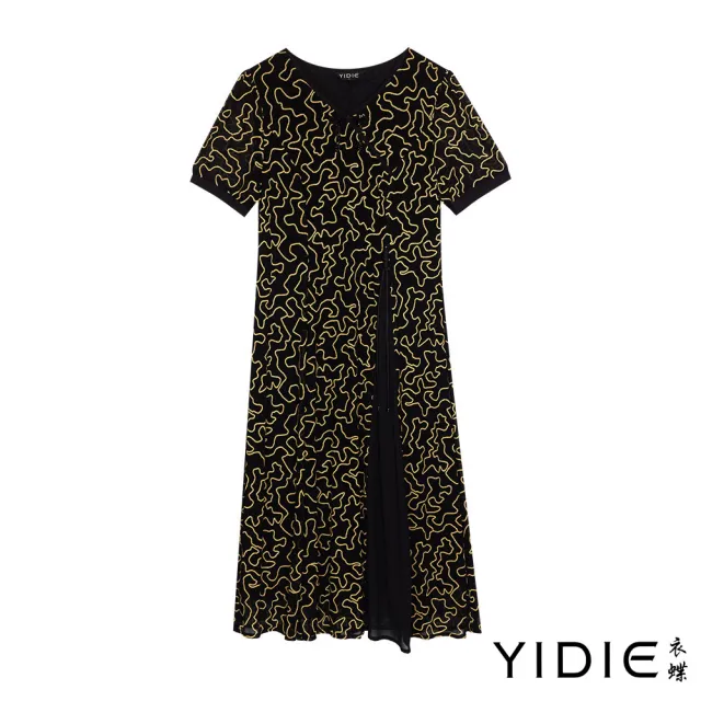 【YIDIE】華麗摩登金線抽象圖騰剪接長洋裝-黑