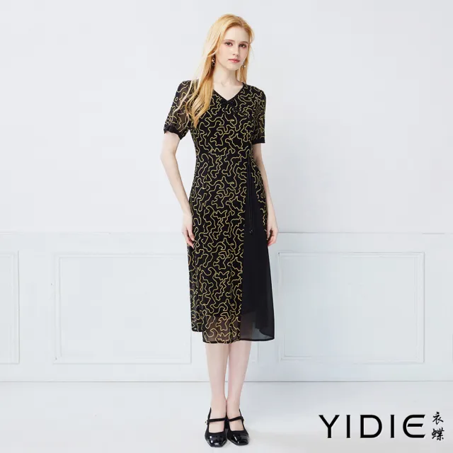【YIDIE】華麗摩登金線抽象圖騰剪接長洋裝-黑