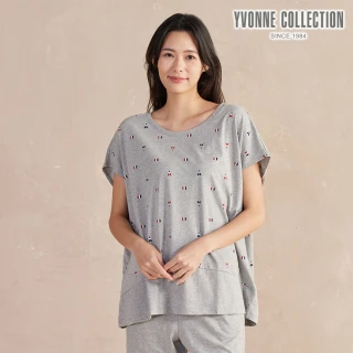 【YVONNE 以旺傢飾】巴黎印花拼接短袖上衣-迷霧灰