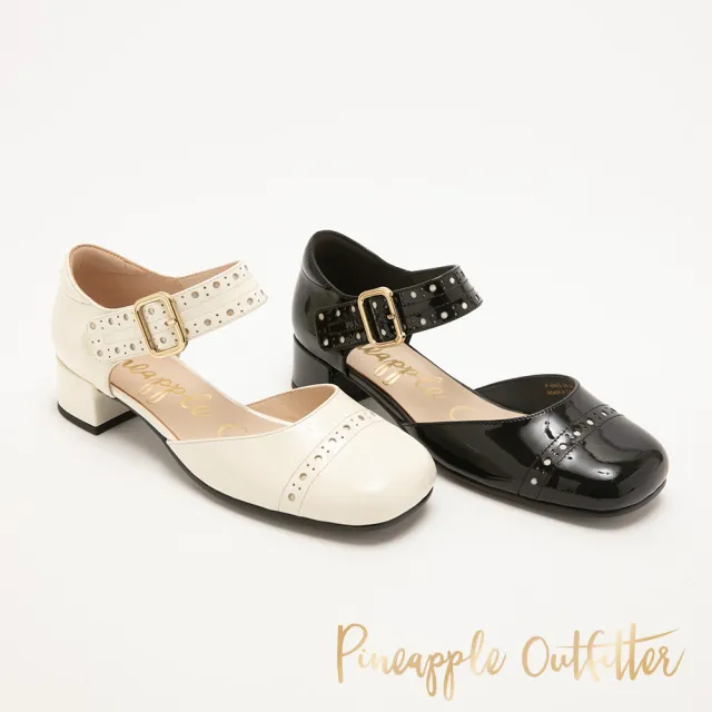 【Pineapple Outfitter】真皮雕花粗跟瑪麗珍鞋GANG(鏡白色)