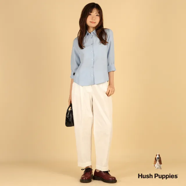 【Hush Puppies】女裝 襯衫 簡約HP棉麻休閒長袖襯衫 (淺藍 / 63212104)