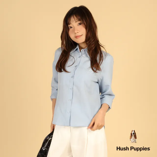 【Hush Puppies】女裝 襯衫 簡約HP棉麻休閒長袖襯衫 (淺藍 / 63212104)