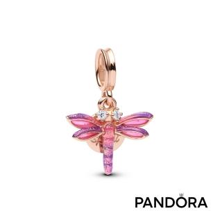 【Pandora 潘多拉】粉紅逐夢蜻蜓雙墜吊飾-飾品/情人節禮物/生日禮/鍍14k玫瑰金