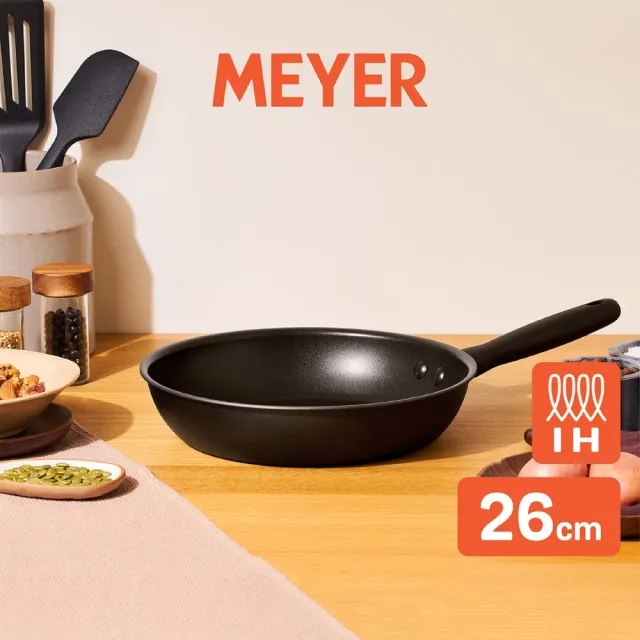 【MEYER 美亞】全黑陽極陶瓷 平底鍋26cm 不沾鍋 鎧甲系列(IH/電磁爐適用)
