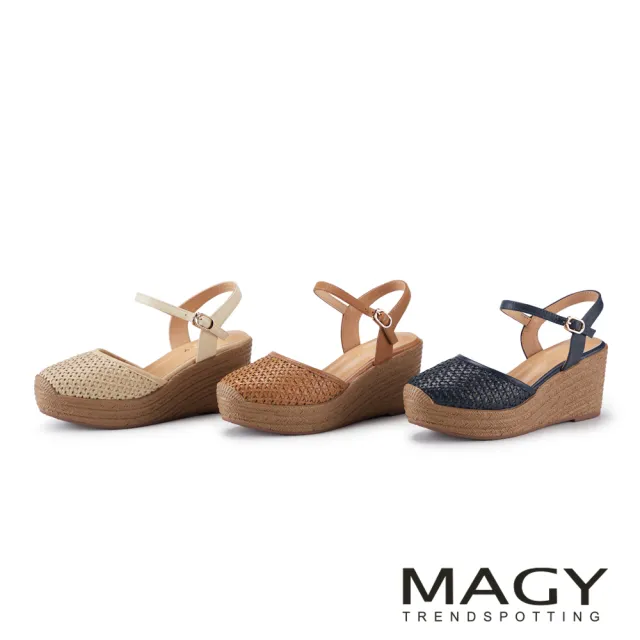 【MAGY】包頭編織踝部扣帶厚底涼鞋 米白