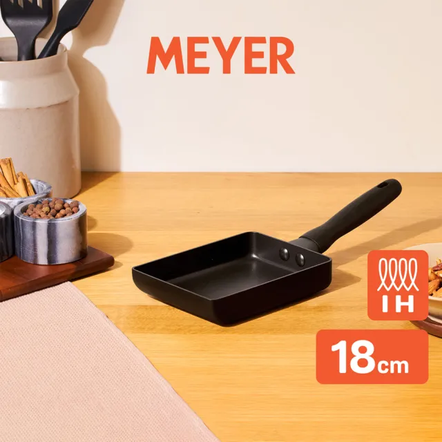 【MEYER 美亞】全黑陽極陶瓷 玉子燒鍋18cm 不沾鍋 鎧甲系列 (IH/電磁爐/洗碗機適用)
