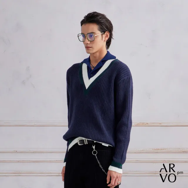 【ARVOpm】男女同款 藏青V領羊毛混紡網球毛衣-725213173022(限時6折)