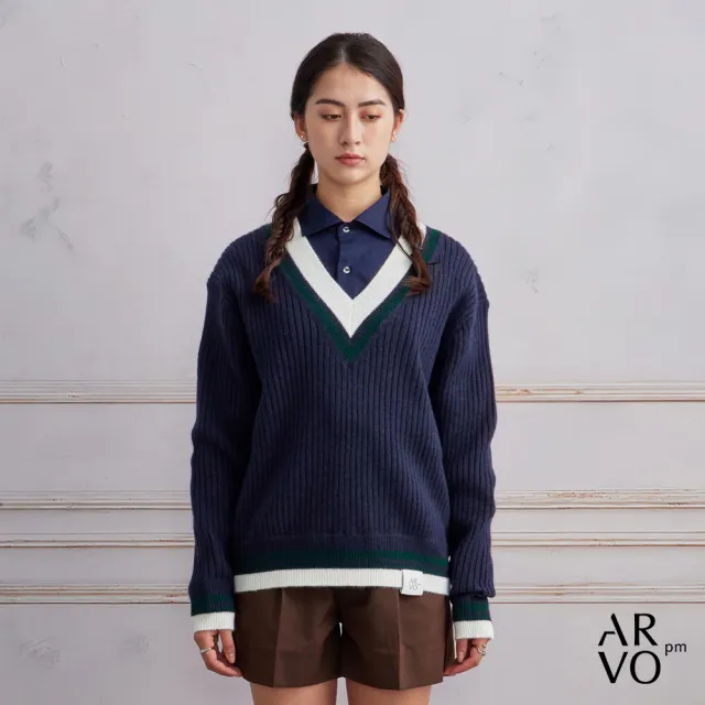 【ARVOpm】男女同款 藏青V領羊毛混紡網球毛衣-725213173022(雙11限定)