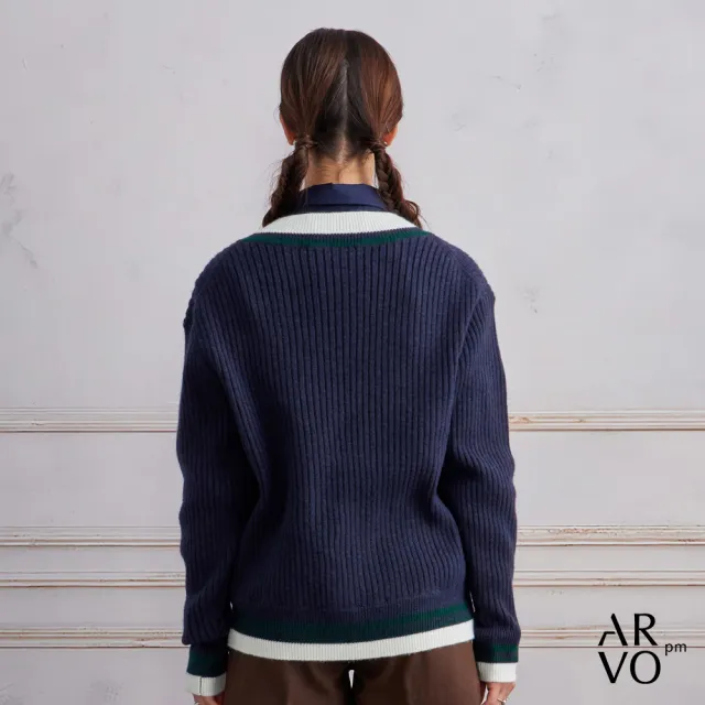 【ARVOpm】男女同款 藏青V領羊毛混紡網球毛衣-725213173022(雙11限定)