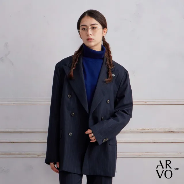 【ARVOpm】男女同款 撞色線條內搭海軍藍高領針織衫-725213172011(限時6折)