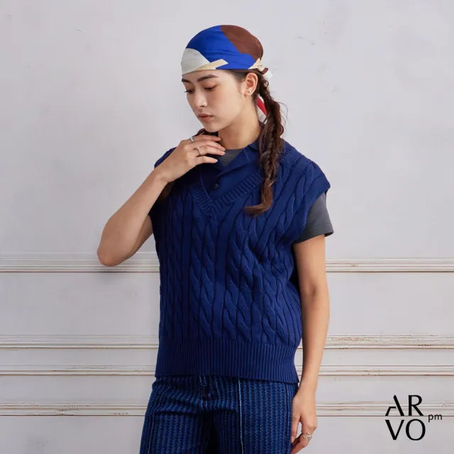 【ARVOpm】男女同款 可拆領寶藍色麻花背心-725213173012(限時6折)