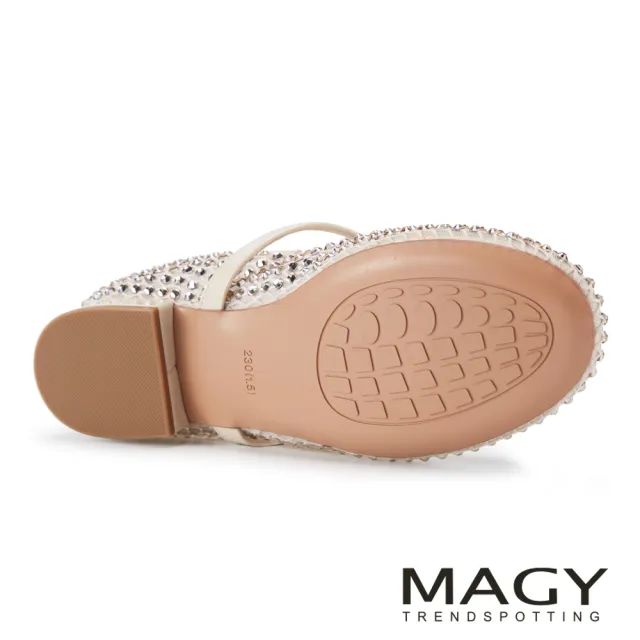 【MAGY】水鑽裝飾的網紗瑪莉珍鞋 米白