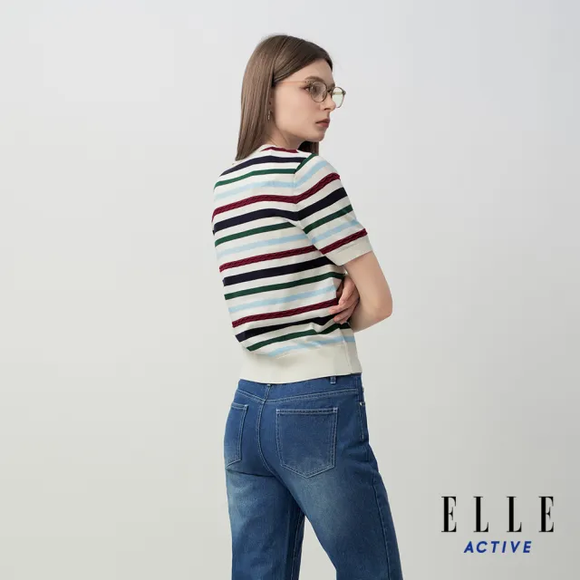 【ELLE ACTIVE】女款 撞色條紋針織短袖上衣-白色(EA26S1W5104-90)