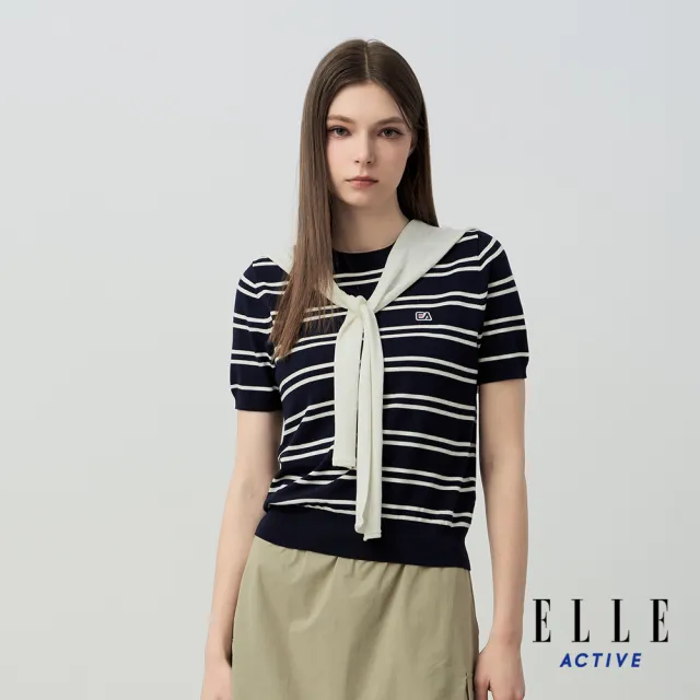 【ELLE ACTIVE】女款 學院風條紋披肩圓領針織短袖上衣-深藍色(EA26S1W5102-39)