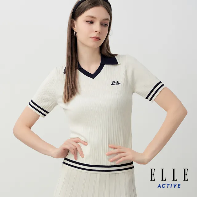 【ELLE ACTIVE】女款 撞色V領針織短袖上衣-白色(EA26S1W5101-90)