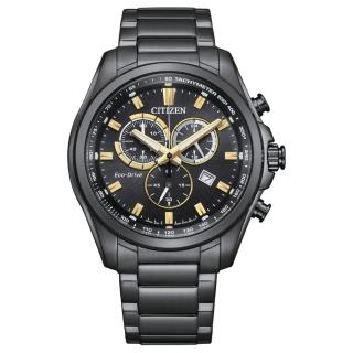 【CITIZEN 星辰】Chronograph 運動風格 光動能三眼計時手錶-黑金/43mm(AT2137-50E)