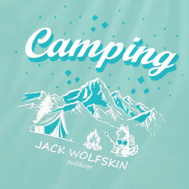 【Jack wolfskin 飛狼】女 露營趣印花 涼感長袖排汗衣 T恤 (冰青綠)