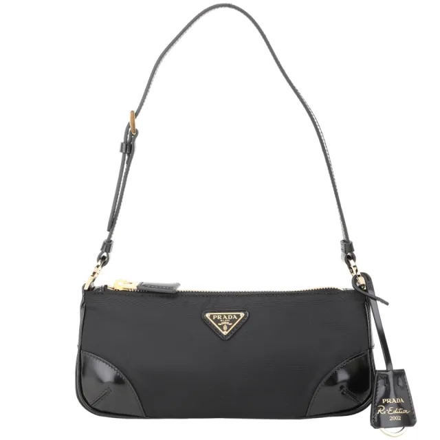 【PRADA 普拉達】Re-Edition 2002 三角牌再生尼龍拼接牛皮手提 肩背包-黑色