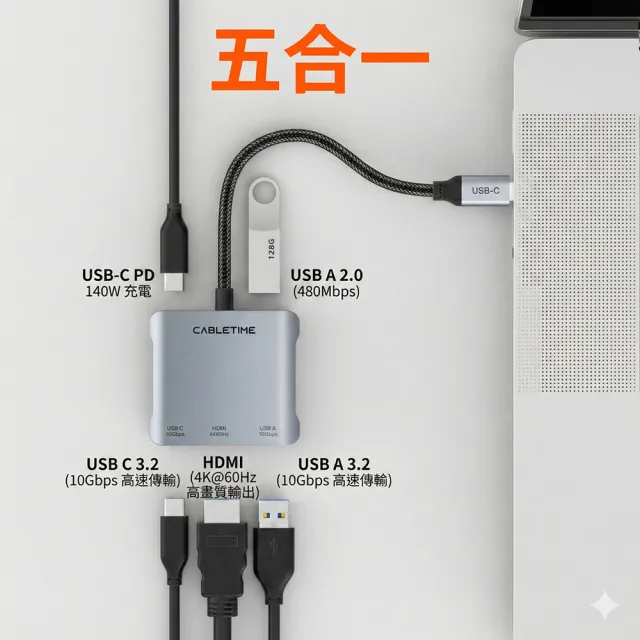 CABLETIME 5合1 Type-C 多功能集線器 支援 PD 140W 4K60Hz 高清 USB3.2 CB75G