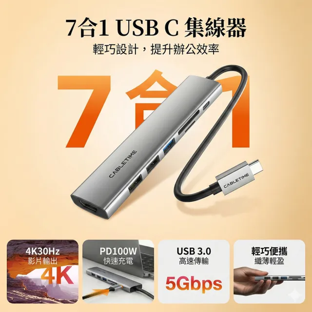 CABLETIME 7合1 Type-C 擴充連接埠 100W快充 SD/TF 讀卡機 4K螢幕轉接 集線器