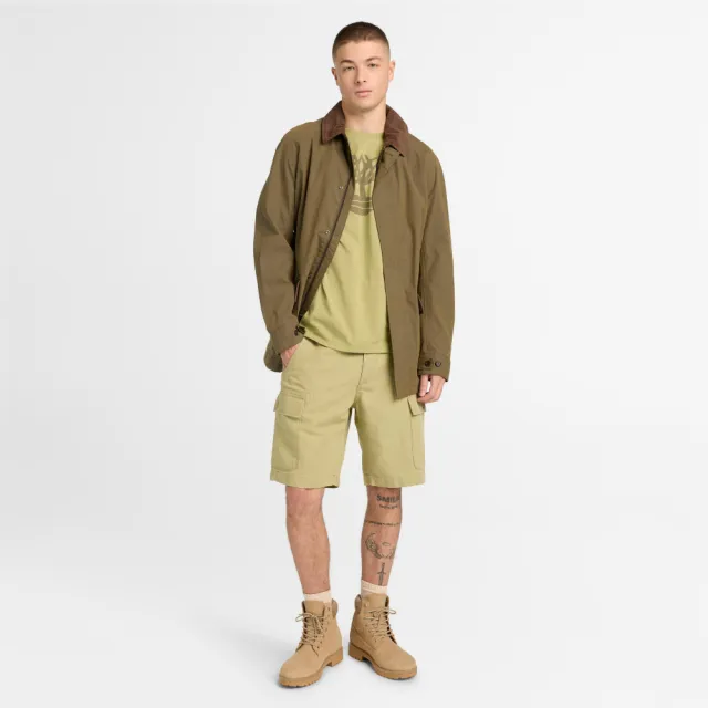 【Timberland】男款灰綠色寬版亞麻混紡工裝短褲(A44W7BQ0)